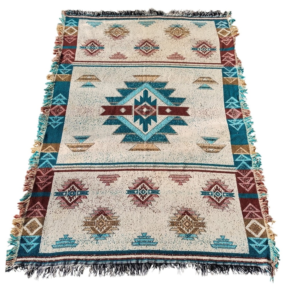 Aztec Geometric Tribal 64x 44 Blanket Throw Fringe Southwestern Style Woven